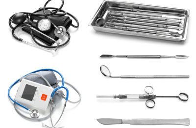 set of medical supplies on white background